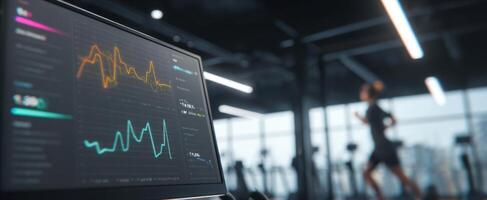 The laptop displaying fitness analytics with a runner in a modern gym. photo