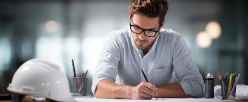 The focused architect sketching designs in a modern workspace with natural light. photo