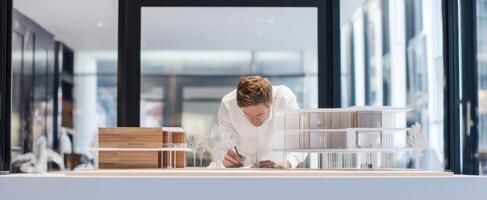 The architect meticulously checking details on a building model in a modern workspace. photo
