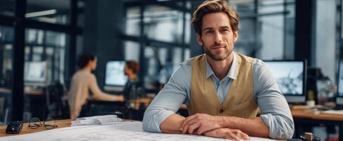 The confident architect in a modern office planning innovative designs. photo