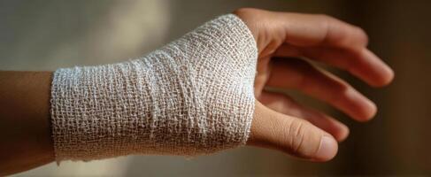 The hand wrapped in a white bandage symbolizing healing and recovery. photo