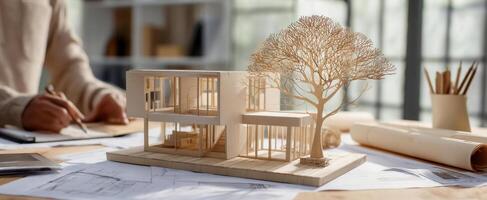 The intricate architectural model showcases modern design elements and creative workspace. photo