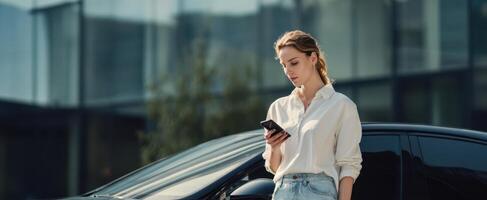The woman using a smartphone while standing next to a sleek car outdoors. photo