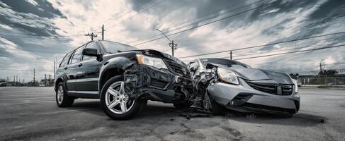 The aftermath of a dramatic car accident showcasing damaged vehicles. photo