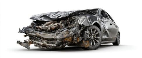 The severely damaged car after a major collision in an urban setting. photo