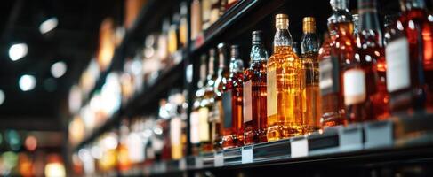 The colorful collection of whiskey bottles on a retail shelf in a store. photo