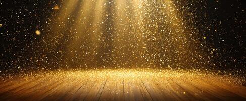 The sparkling golden light illuminating a wooden stage with shimmering effects. photo