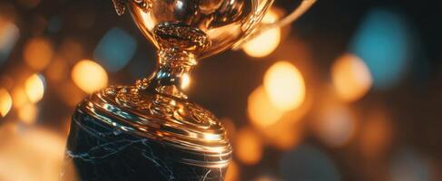 The golden trophy symbolizing victory and achievement against a blurred festive background. photo