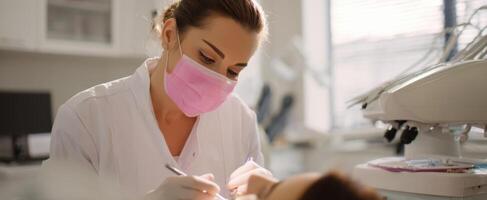 The dentist performing a procedure while wearing a protective mask in a bright clinic. photo
