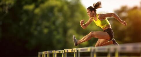 The athlete jumps over hurdles in a dynamic outdoor setting during training. photo
