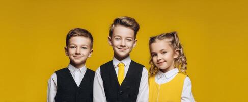 The joyful trio of children in vibrant outfits against a yellow background. photo