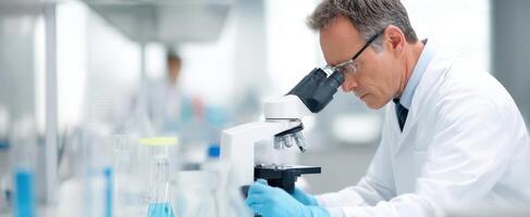 A man in a lab coat looking through a microscope photo