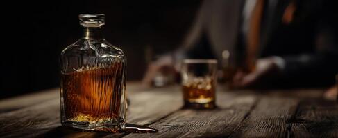 The luxurious whiskey bottle with a glass resting on a rustic table photo
