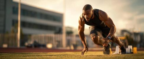 The athlete launching into a powerful sprint on the track at sunset. photo