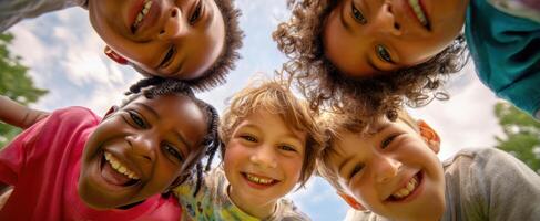 The joyful children sharing smiles and laughter in the sunny outdoors photo