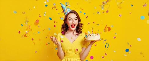 The joyful woman celebrating her birthday with cake and confetti in a vibrant atmosphere. photo