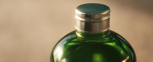 The elegant green bottle with a sleek metallic cap against a blurred background. photo