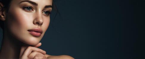 The captivating beauty of a thoughtful woman in low-key lighting. photo