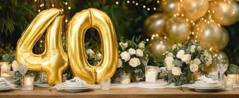 The elegant table setting adorned with golden '40' balloons and floral arrangements. photo