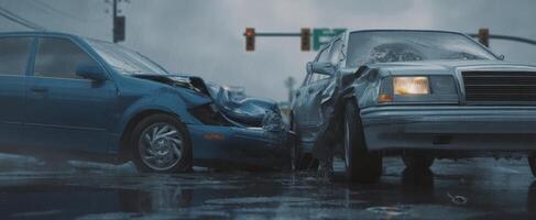 The aftermath of a severe car accident during a rainy urban evening. photo