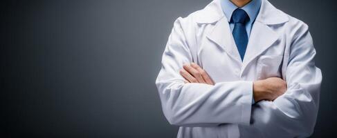 The confident doctor in a white coat with arms crossed in a professional setting photo