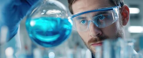 The scientist examining a blue solution in a laboratory setting. photo