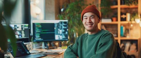 The young programmer smiling confidently in a modern workspace with computers. photo