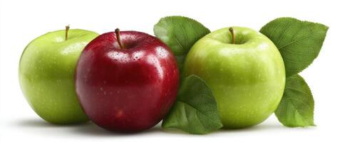 The vibrant assortment of fresh apples with lush green leaves. photo