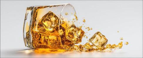 The whiskey glass overflowing with ice and splashing liquid craftsmanship. photo