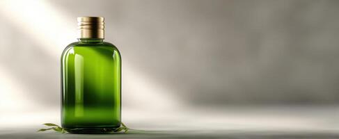The elegant green bottle showcasing natural herbal oil in serene setting. photo