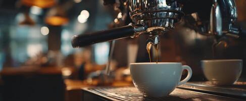 The coffee brewing process in a modern caf setting with a shiny espresso machine. photo