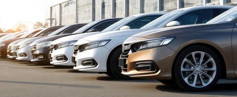 The lineup of sleek, modern cars displayed at a dealership under sunlight. photo