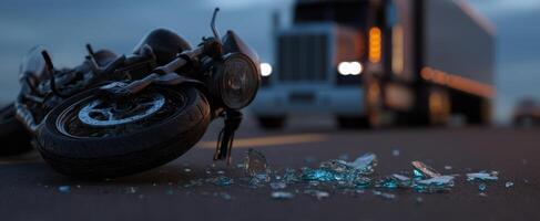 The motorcycle lies damaged on the road with shattered glass surrounding it. photo
