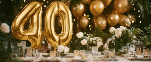 The Elegant Celebration of a 40th Birthday with Golden Balloons and Floral Arrangements photo