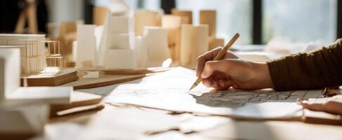 The architect's hand sketching designs for innovative building models. photo