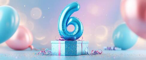 The vibrant blue number six balloon atop a beautifully wrapped gift. photo