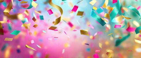 The vibrant confetti falling in a colorful festive celebration atmosphere. photo