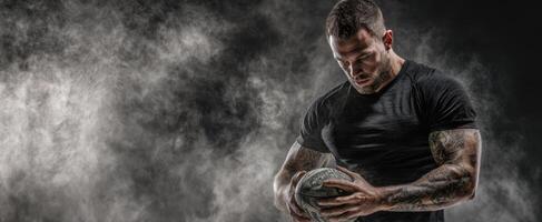 The athlete showcasing intense focus while training with a ball in a dramatic setting. photo