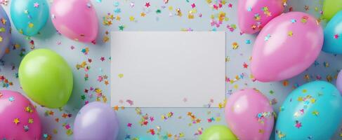 The vibrant balloons surround a blank template for creative celebration messages. photo