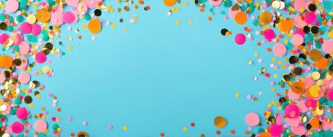 The vibrant confetti scattered against a bright blue background for celebrations. photo