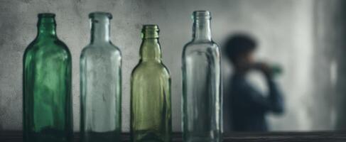 The Collection of Colorful Glass Bottles with a Person Drinking in the Background photo