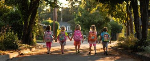 The Children Walking Hand in Hand Along a Tree-Lined Path During Sunset photo