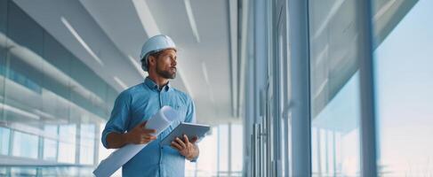 The professional engineer analyzing blueprints in a modern office environment. photo