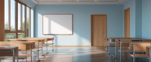 The modern classroom featuring desks, windows, and a chalkboard in serene setting. photo