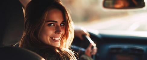 The joyful woman driving a car with a bright smile on her face. photo