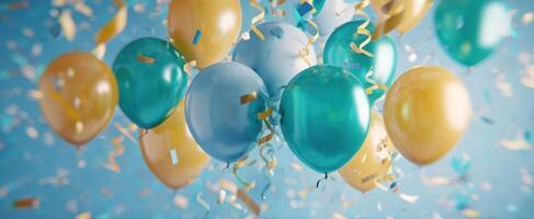 The colorful balloons celebrating a joyful atmosphere with confetti in the air. photo