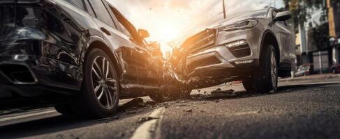 The dramatic scene of a car collision on a busy urban street at sunset photo