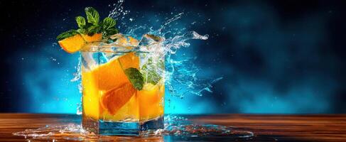 The refreshing cocktail splash with vibrant orange and mint garnish. photo