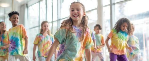 The joyful children dancing together in colorful tie-dye shirts. photo