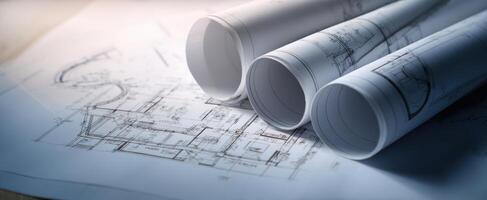 The architectural blueprints showcasing a detailed design for construction projects. photo
